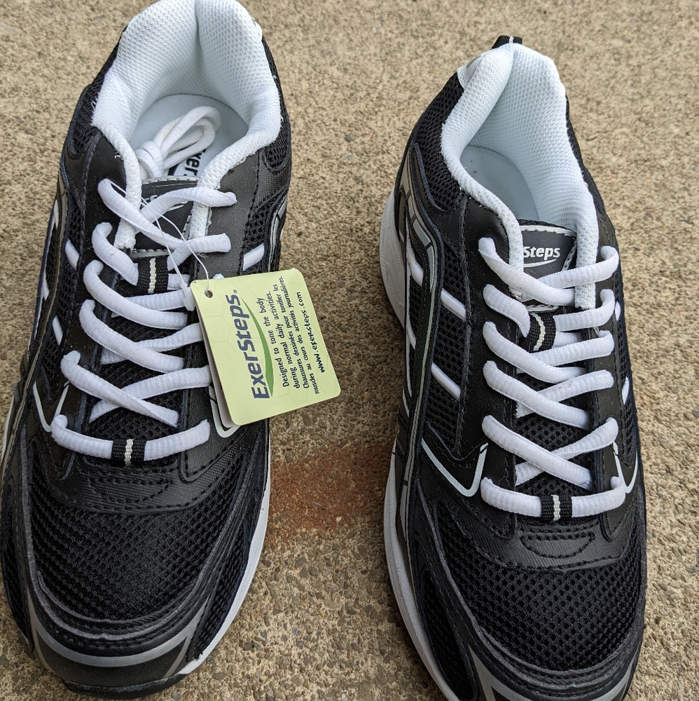 NWT Exersteps Black Leather Toning Walking Sneakers Size 8